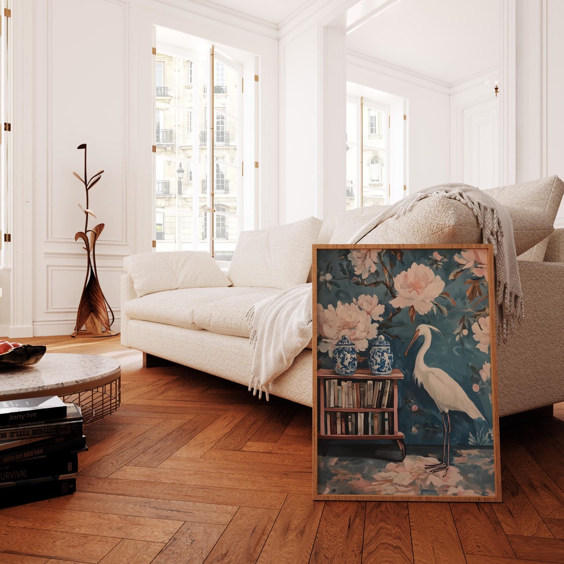 White Egret Beside Wooden Bookshelf Chinoiserie Peony Art Poster - Image 3