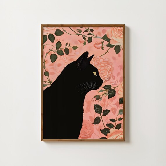 Black Cat Silhouette Among Pink Rose Blooms Floral Art Print