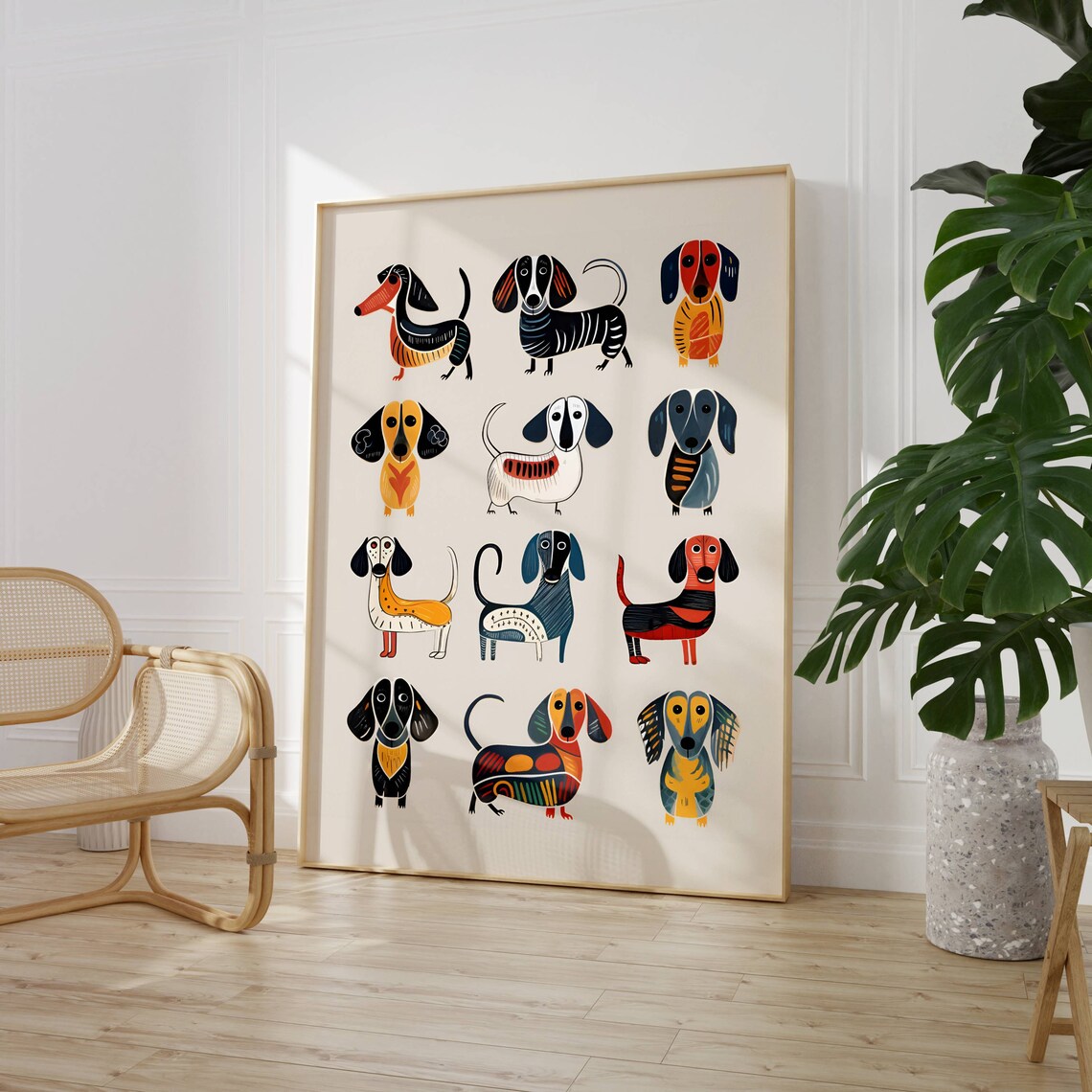 Twelve Colorful Dachshunds Modern Folk Dog Portrait Grid Poster - Image 2