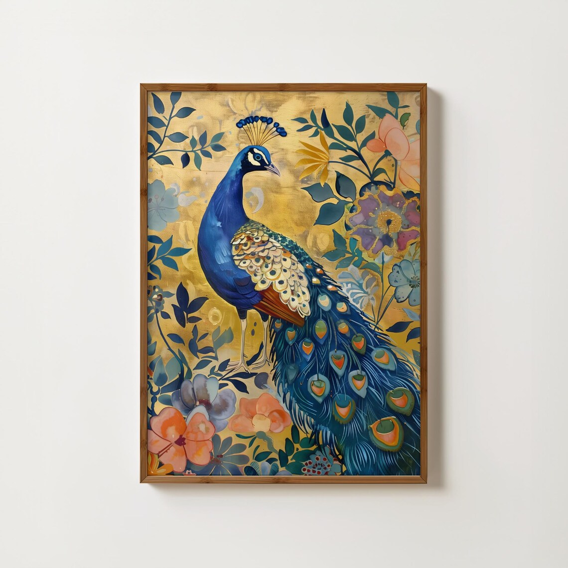 Vintage Gold Peacock Floral Elegant Botanical Bird Art Poster