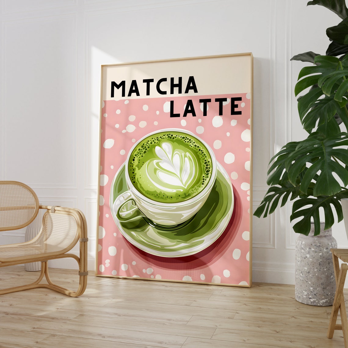 Matcha Latte in a Cup Pink Polka Dot Cafe Kitchen Art Poster - Image 2