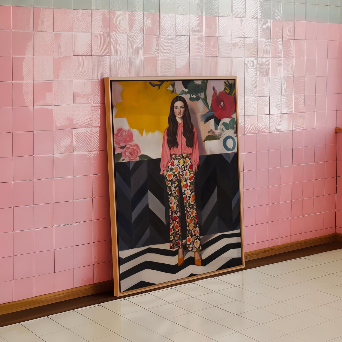 Woman in Floral Trousers and Pink Blouse Fashion Portrait Print - Image 3