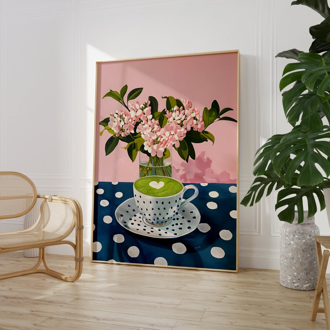 Matcha Latte Cup With Heart Art Pink Blossoms Cafe Style Poster - Image 3