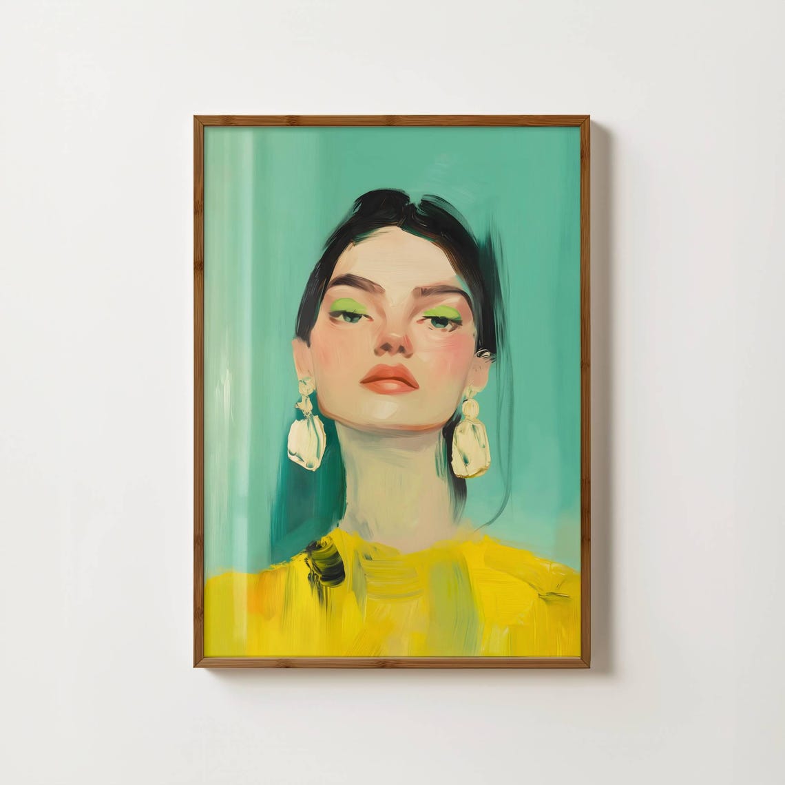 Turquoise Portrait Woman Green Eyeshadow Yellow Top Art Poster