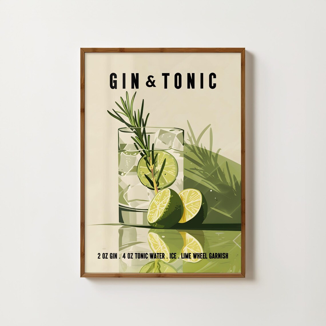 Gin & Tonic Retro Cocktail Poster Print, Bar Cart Decor