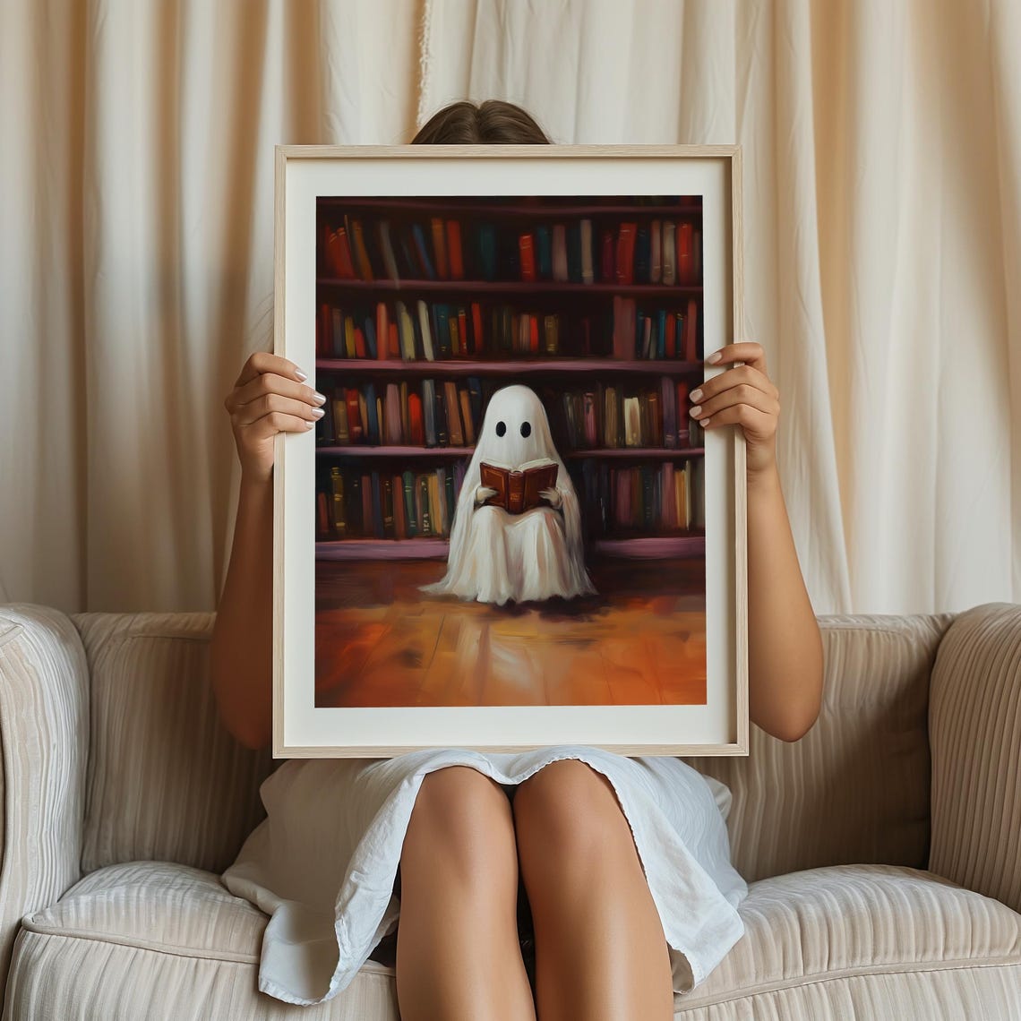 Cute Ghost Reading A Book In A Cozy Library Halloween Art Poster - Image 3
