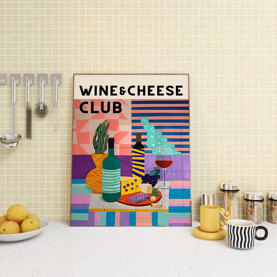 Wine And Cheese Club Retro Maximalist Colorful Still Life Poster - Image 4