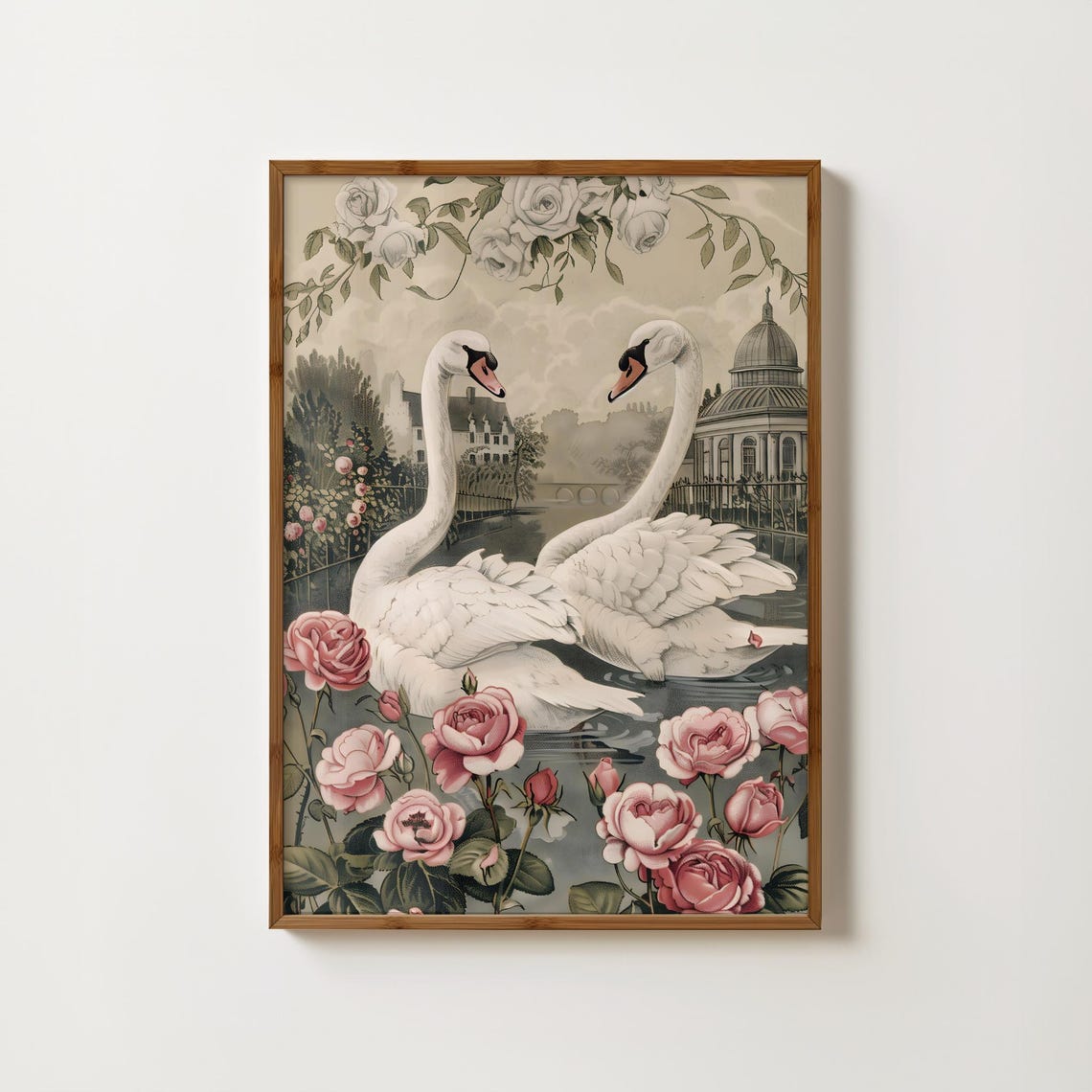 Two White Swans Facing Each Other Pink Roses Vintage Lake Art Poster