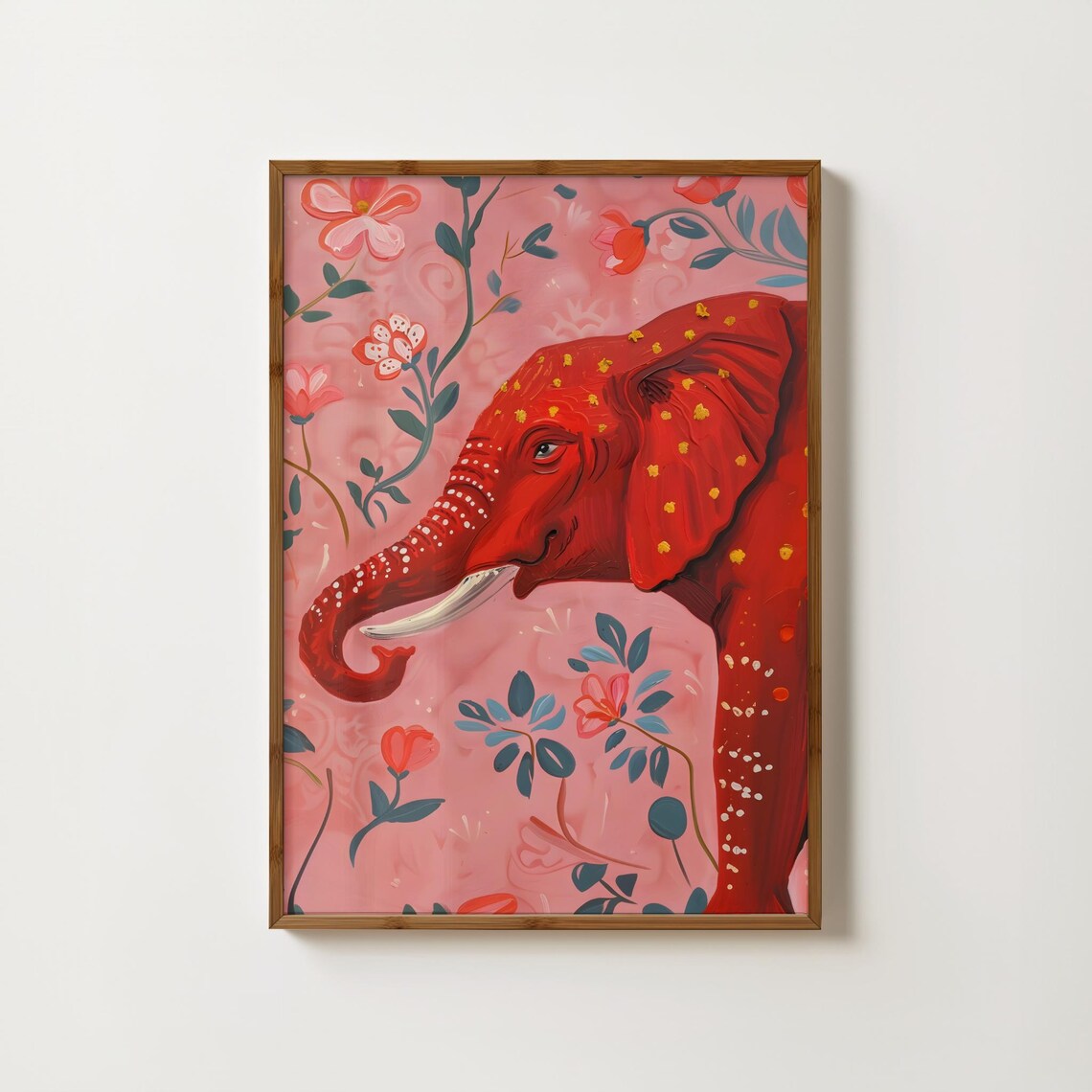 Floral Indian Elephant Folk Art Wall Art Print