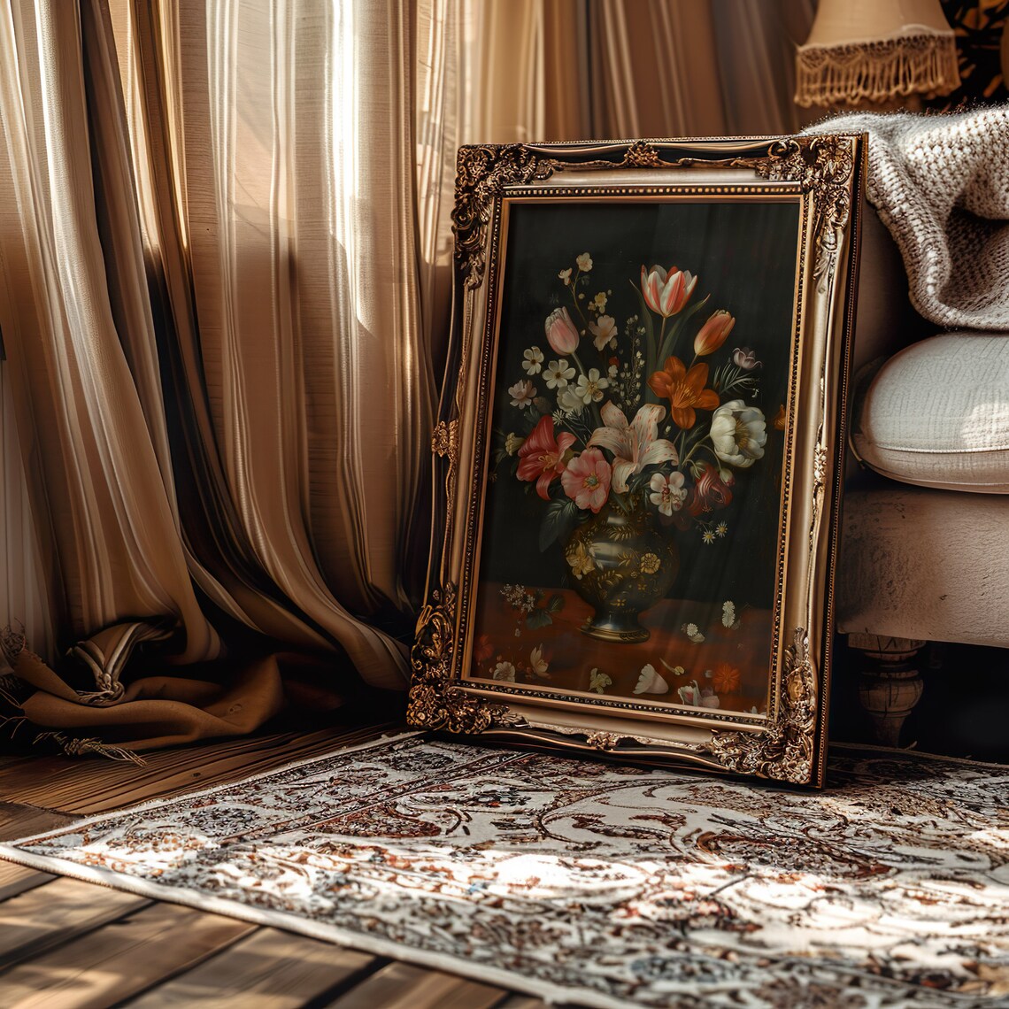 Moody Dark Floral Vase Still Life Vintage Oil Painting Poster - Image 2