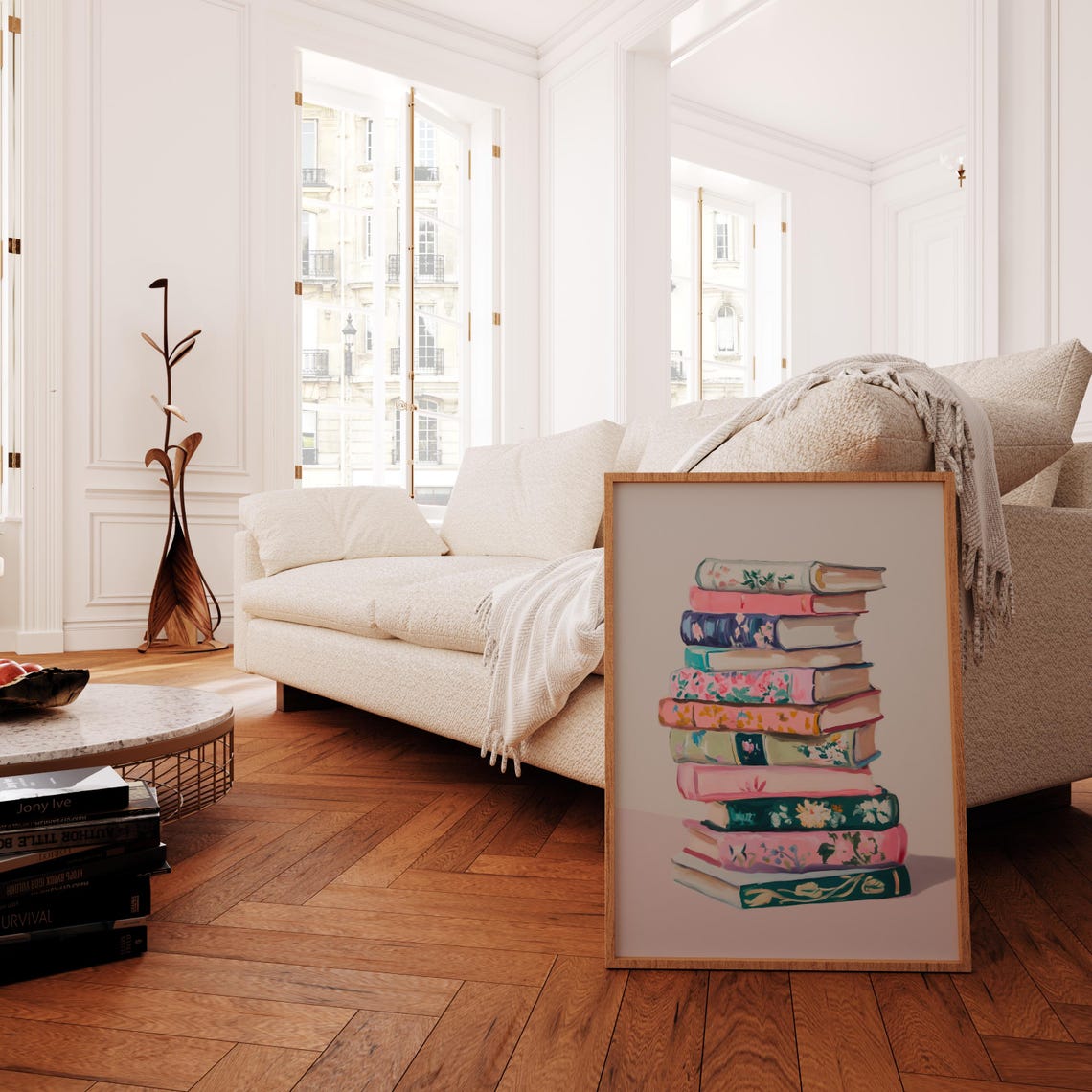 Pastel Floral Covered Book Stack Cozy Reading Nook Art Print - Image 3