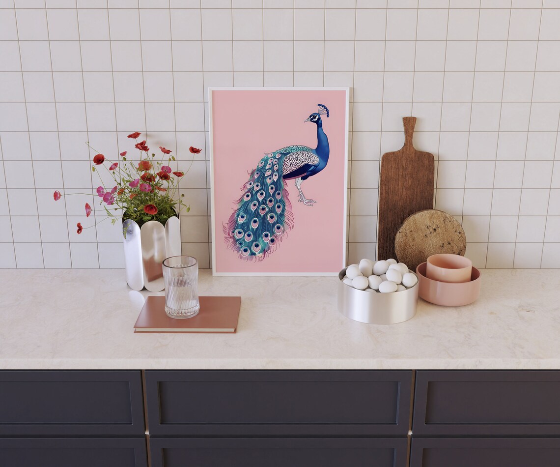 Standing Peacock With Fanned Jeweled Tail On Blush Pink Poster - Image 3