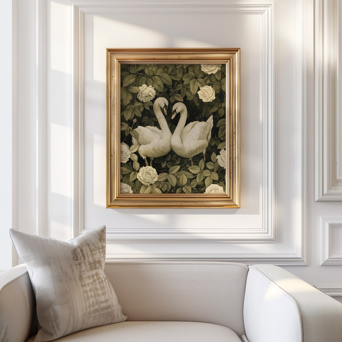 White Swan Pair Monochrome Rose Garden Vintage Elegant Poster - Image 3