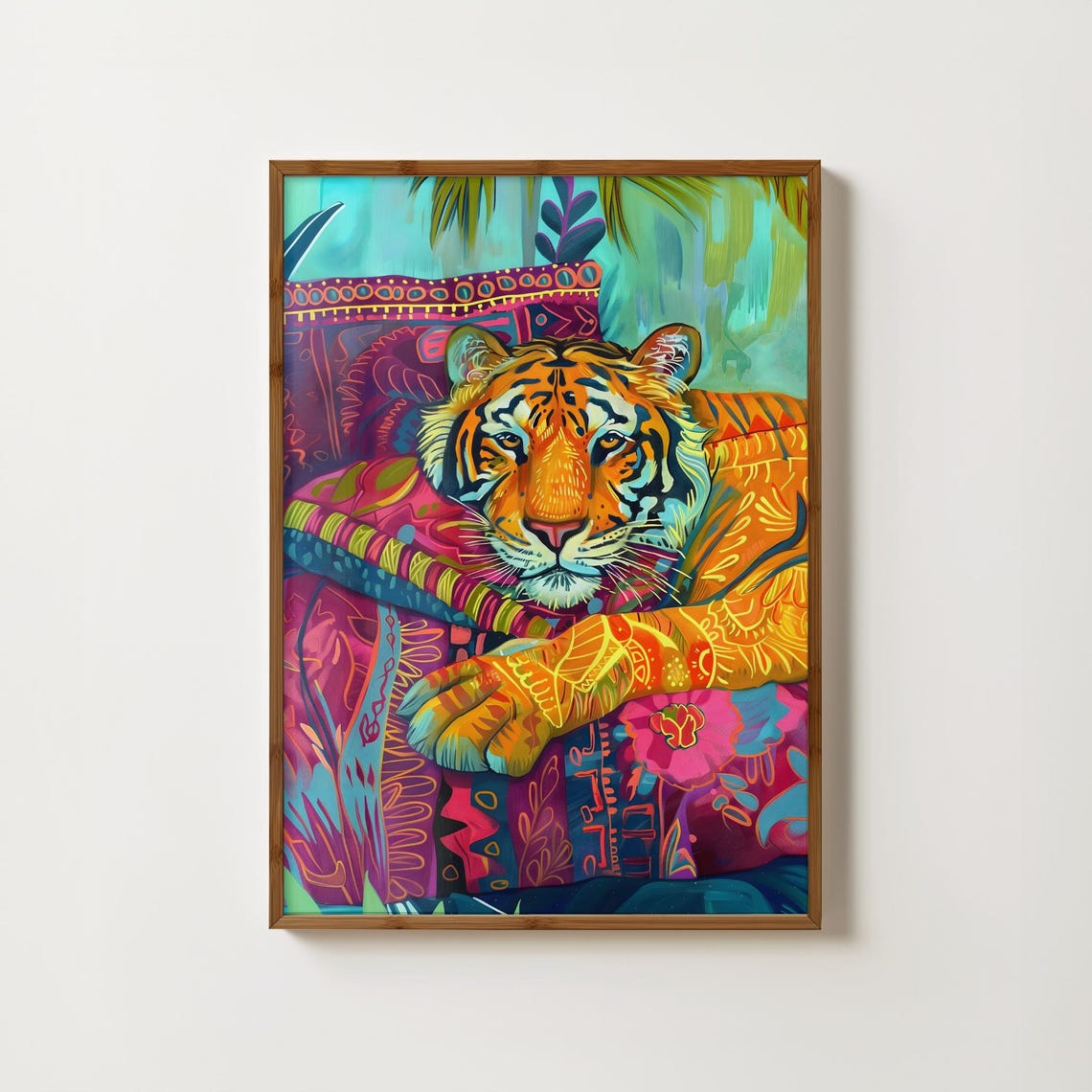 Resting Tiger With Jewel Tone Maximalist Patterned Art Poster