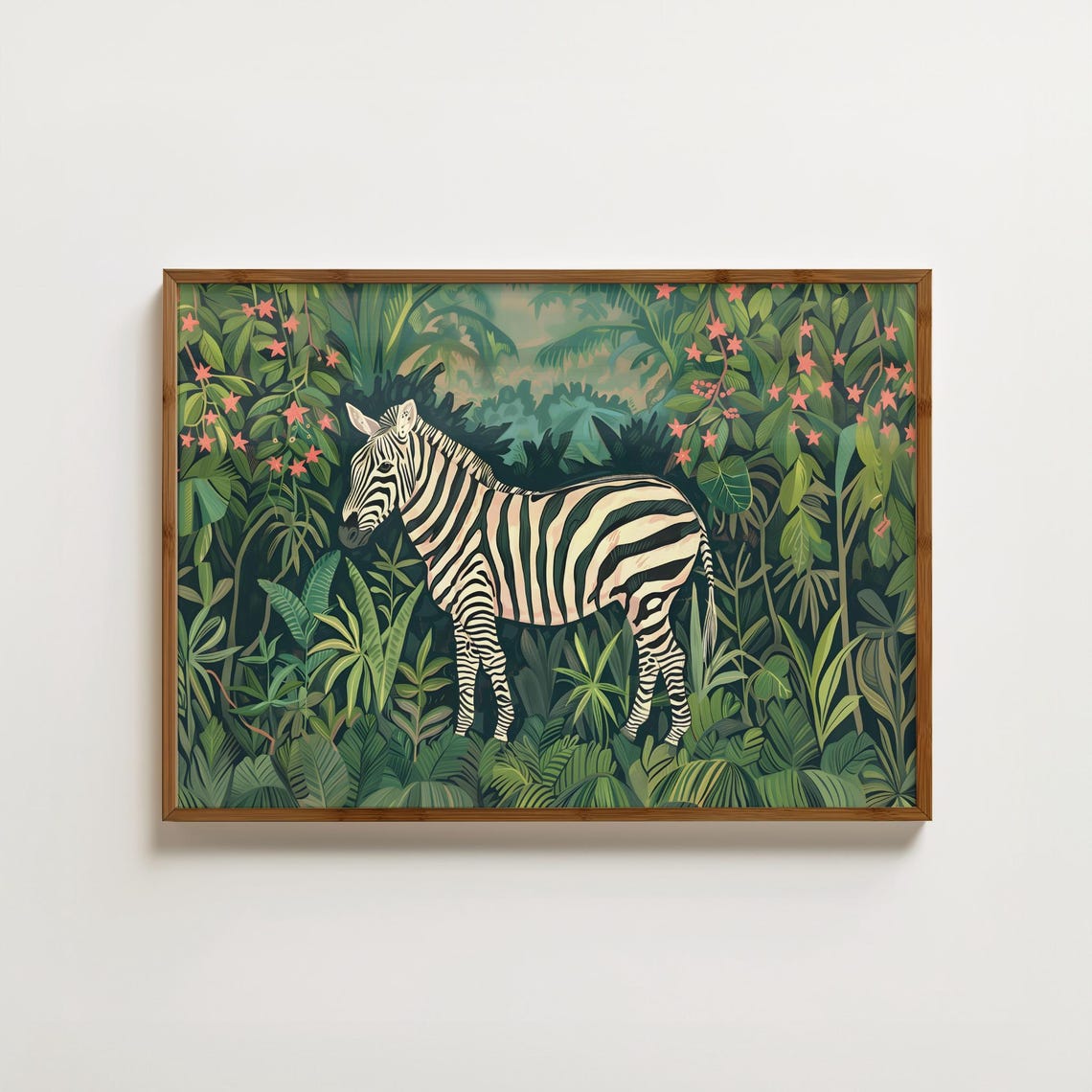 Striped Zebra Standing In Lush Tropical Jungle Greenery Art Poster