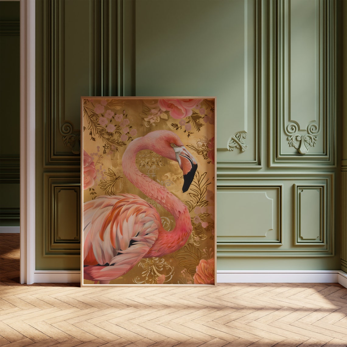 Floral Gold Flamingo Print Art Deco Flamingo Wall Art Pink Flamingo Poster Exotic Bird Painting Flamingo Illustration Antique Animal Prints - Image 4