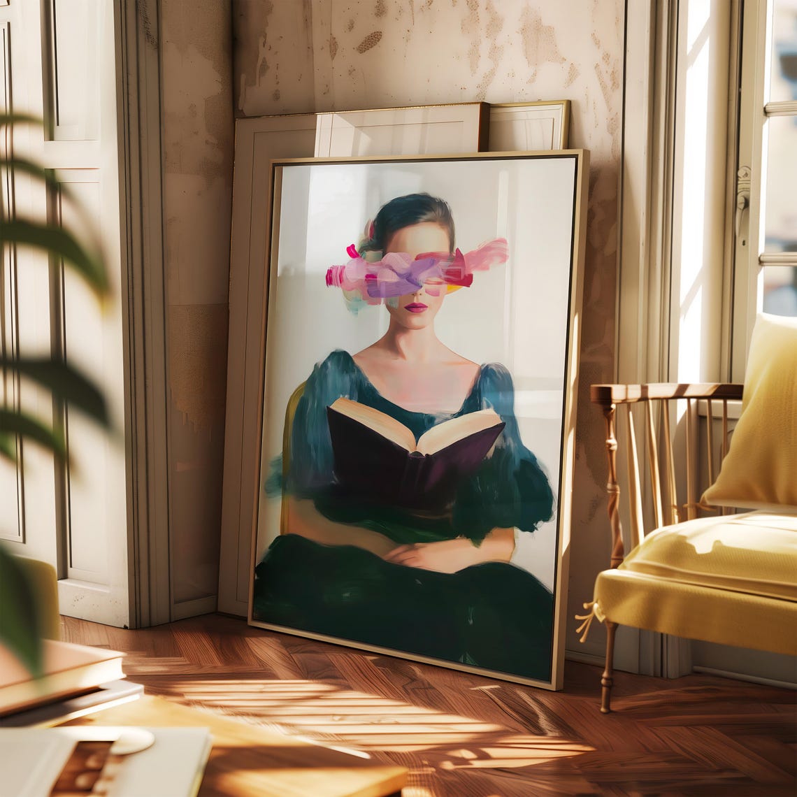 Woman Reading Book Abstract Pink Brushstroke Portrait Poster - Image 2