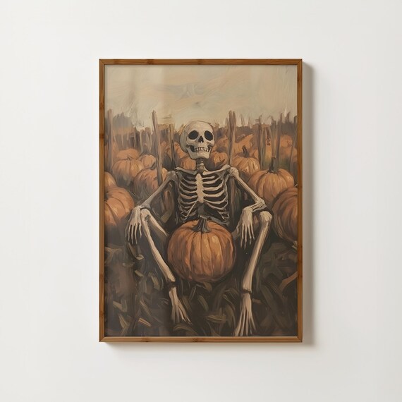 Pumpkin Patch Skeleton Resting Moody Vintage Halloween Oil Painting Poster