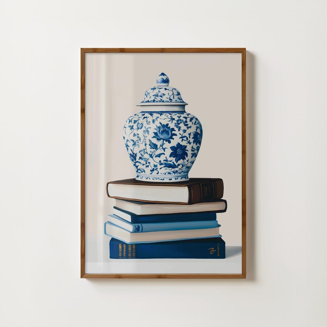 Blue And White Porcelain Ginger Jar On Blue Book Stack Art Poster