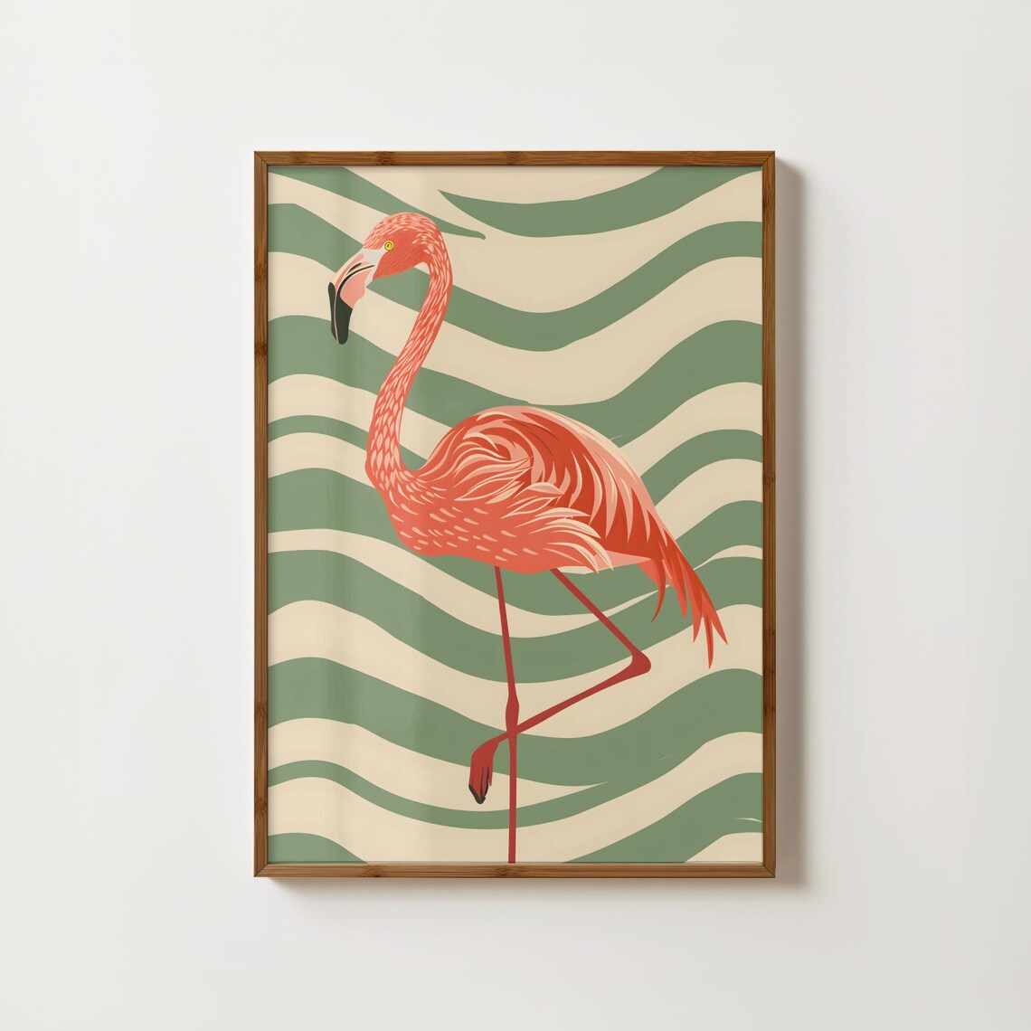 Pink Flamingo Standing on Sage Green Retro Wavy Stripes Poster