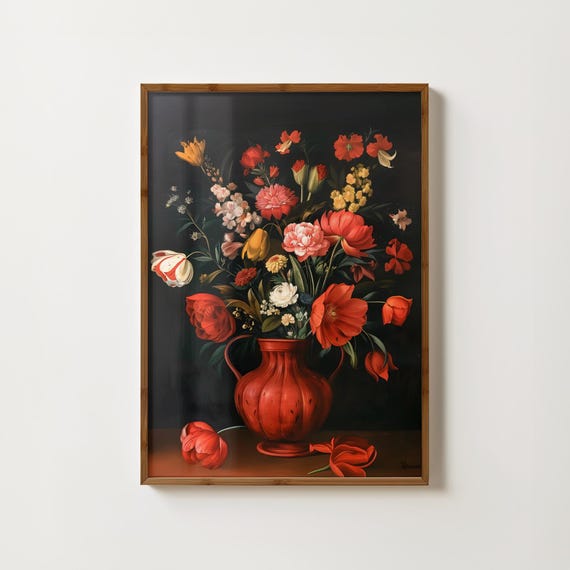 Moody Flowers Painting Vase Of Flowers Print Vintage Floral Decor Gothic Wall Art Dark Academia Print Antique Painting Dark Flower Prints