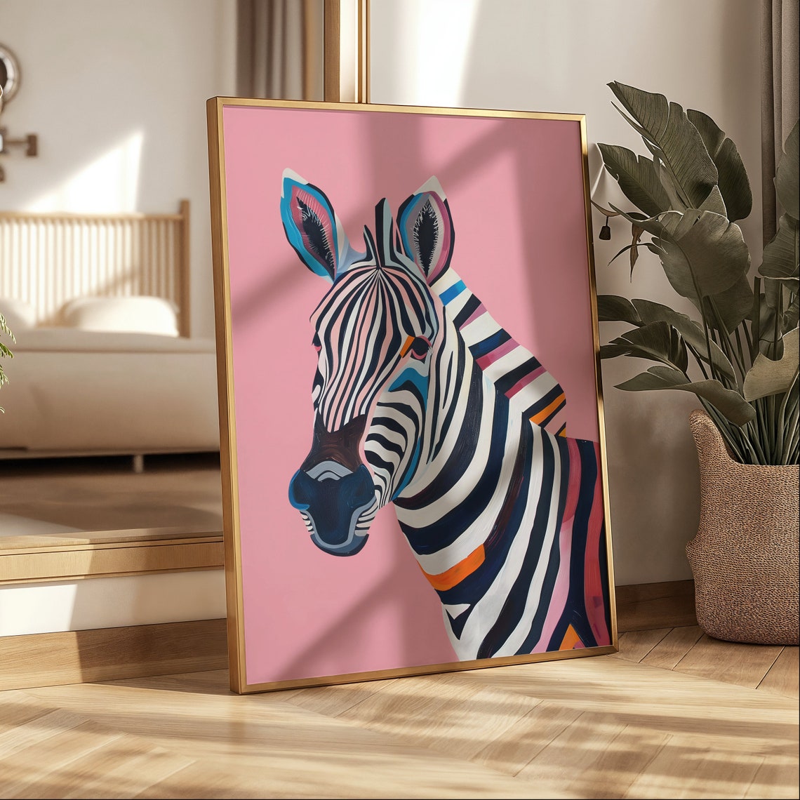 Colorful Zebra Head Portrait on Pink Pop Art Statement Wall Poster - Image 3