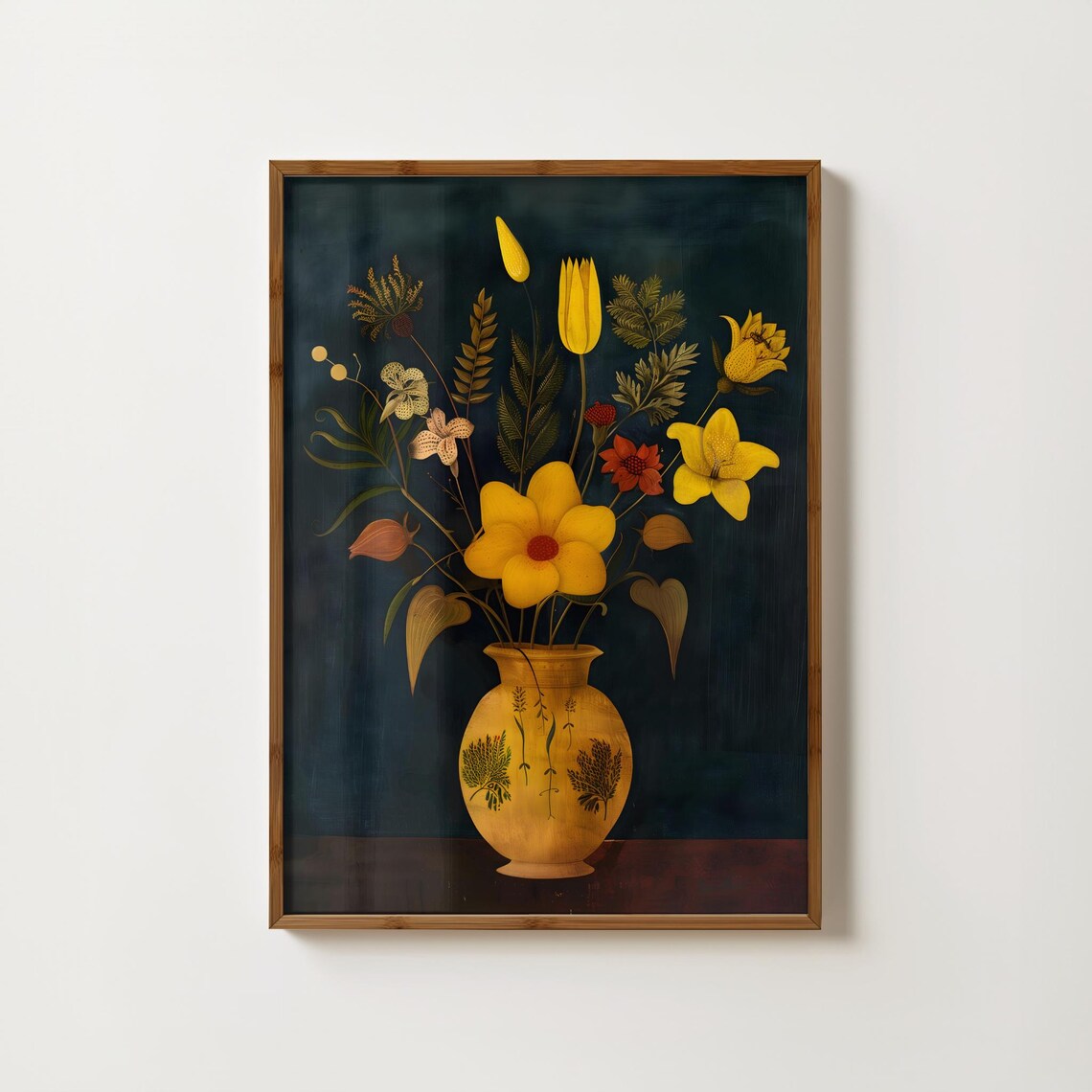 Yellow Wildflowers Golden Vase Dark Teal Botanical Style Poster