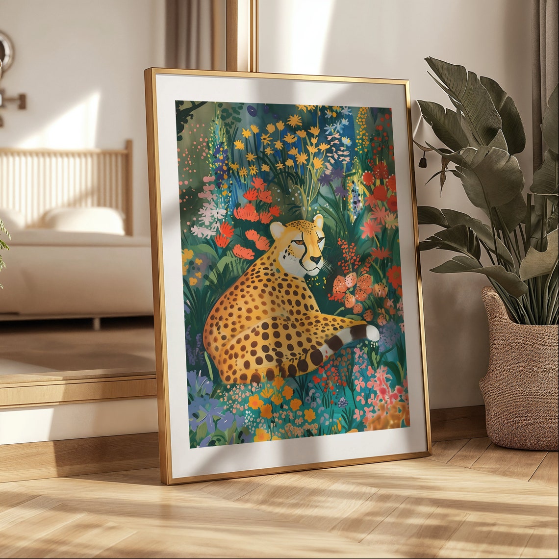 Floral Cheetah Maximalist Jungle Garden Blooms Big Cat Wall Art - Image 3