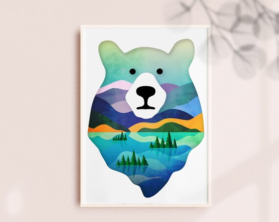 Bear Head Double Exposure Mountain Lake Pine Forest Landscape Poster