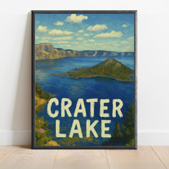 Crater Lake Poster Impressionist Travel Art Print Modern Wall Decor Bold Textured Brushstrokes