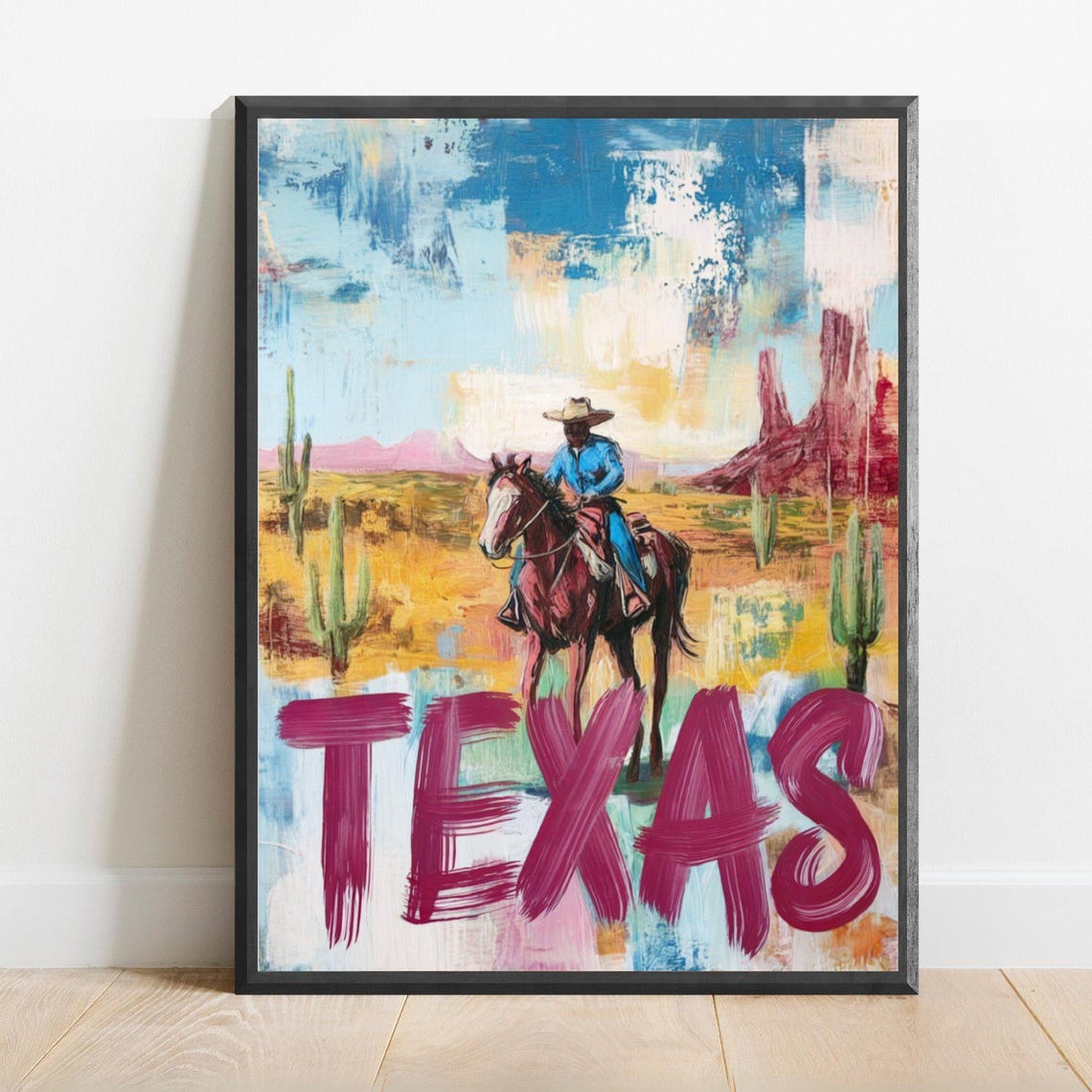 Texas Cowboy On Horseback Riding Through Desert Cacti Western Poster