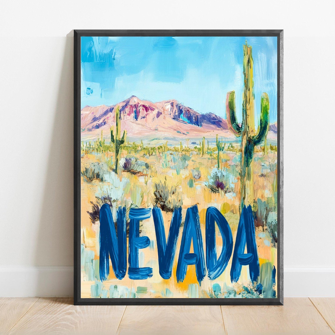 Nevada Desert with Saguaro Cacti in Blue Lettering Travel Poster