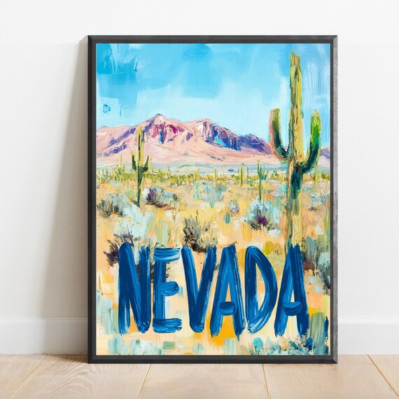 Nevada Desert with Saguaro Cacti in Blue Lettering Travel Poster