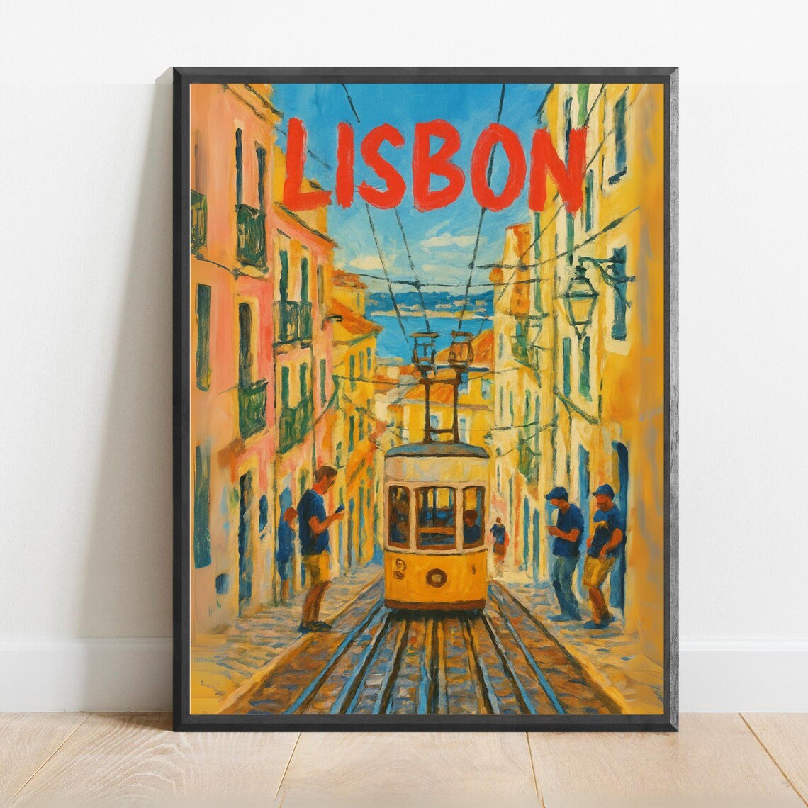 Lisbon Yellow Tram On Sunlit Painted Street Portugal Travel Poster