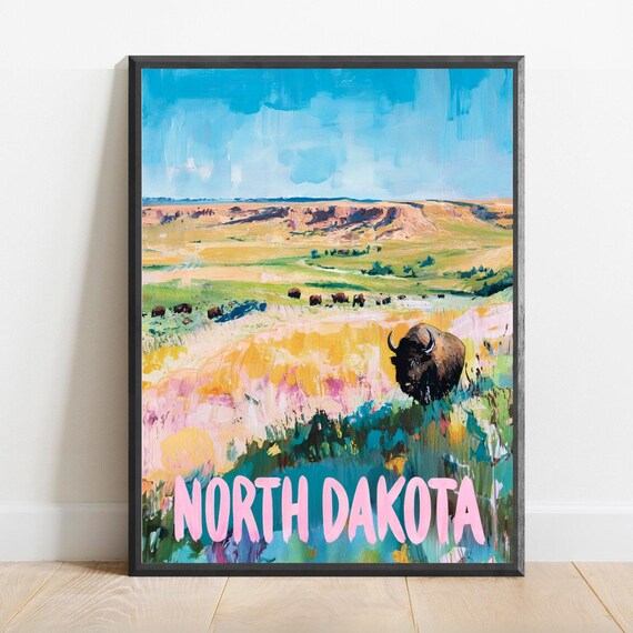 North Dakota Badlands Bison Prairie Wildlife Western Travel Poster