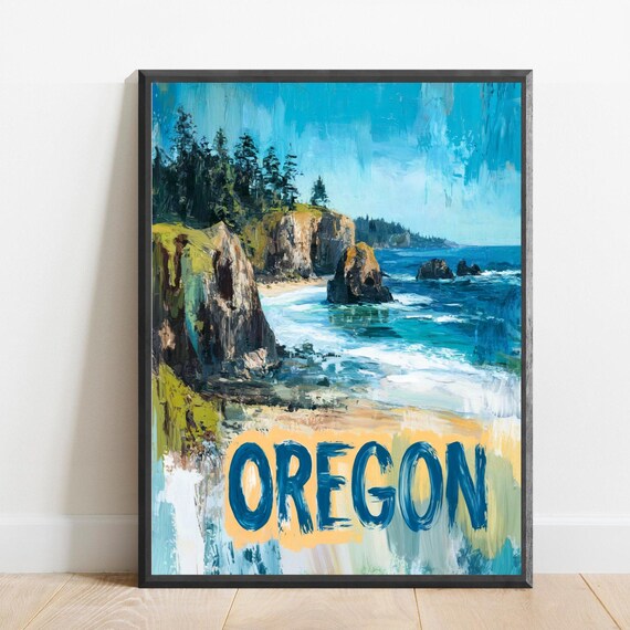 Oregon Coastline Painterly Abstract Travel Poster with Bold Lettering