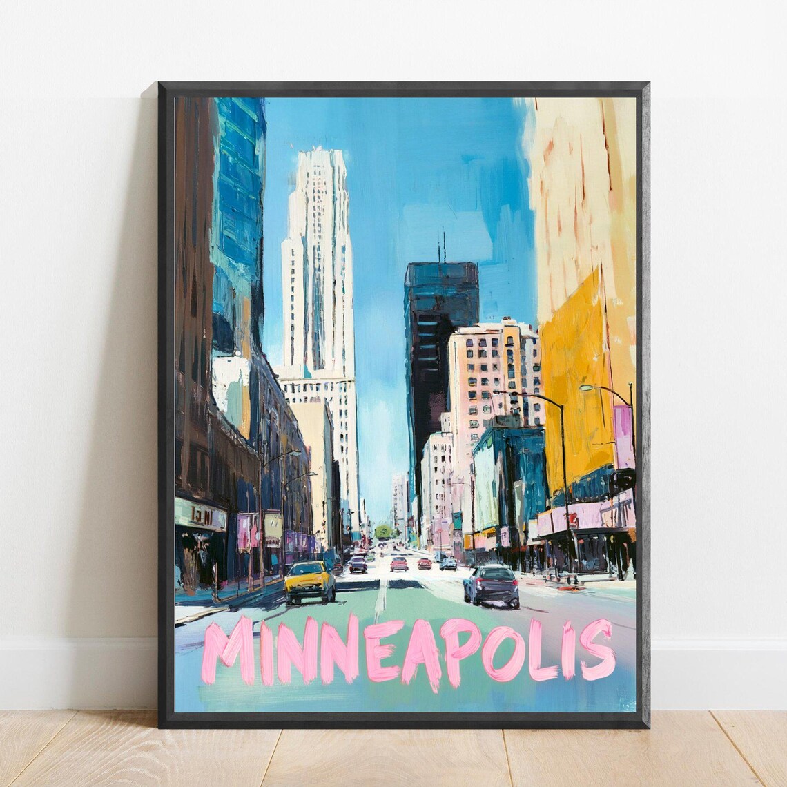 Minneapolis Downtown Street Pink Lettering Modern Travel Poster
