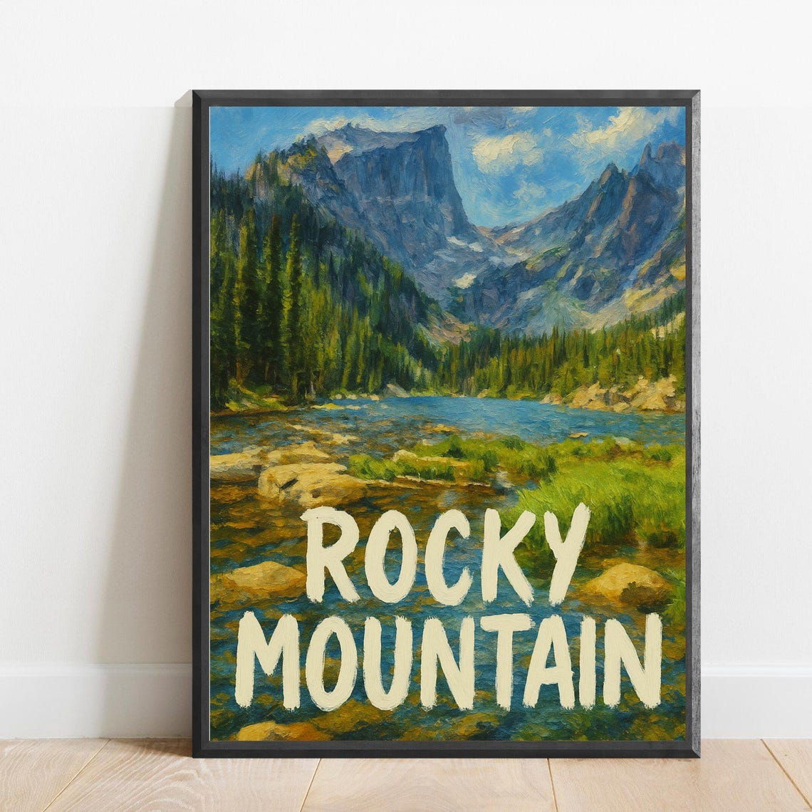 Rocky Mountain River Valley Forest Peak Landscape Travel Poster