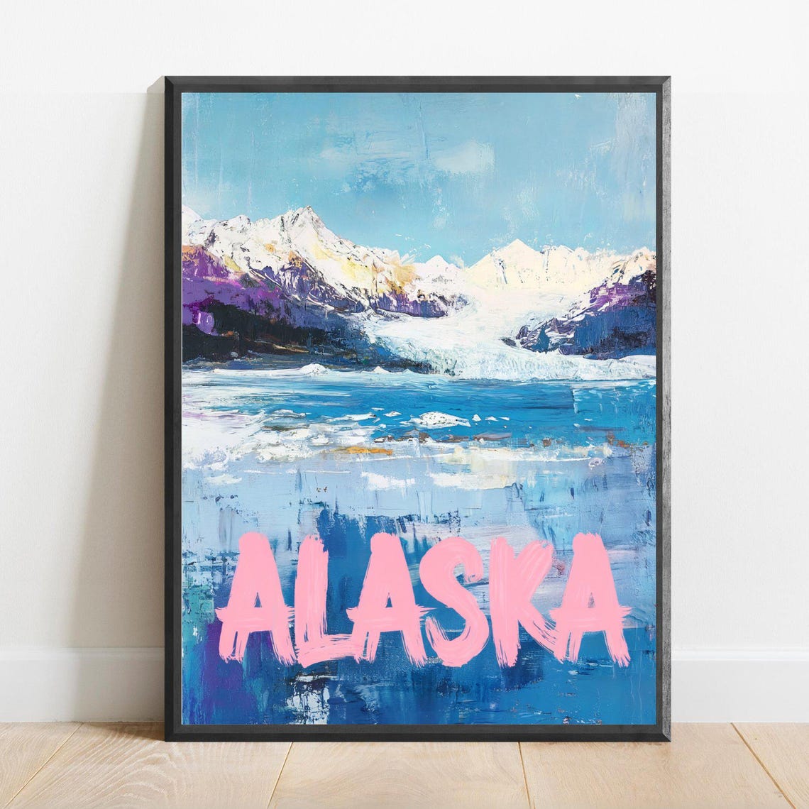 Alaska Glacier and Snowy Peaks Pink Lettering Vintage Travel Poster