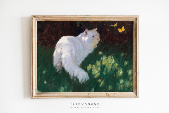 White Cat Watching Butterflies Vintage Oil Painting Animal Poster