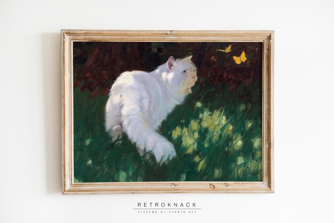 White Cat Watching Butterflies Vintage Oil Painting Animal Poster