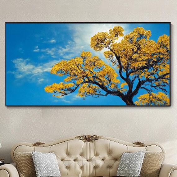 Large Wall Ginkgo Tree Hand Textured Oil Painting Natural Tree Landscape Decor Abstract Clear Blue Sky Art Living Room Sofa Wall Decor