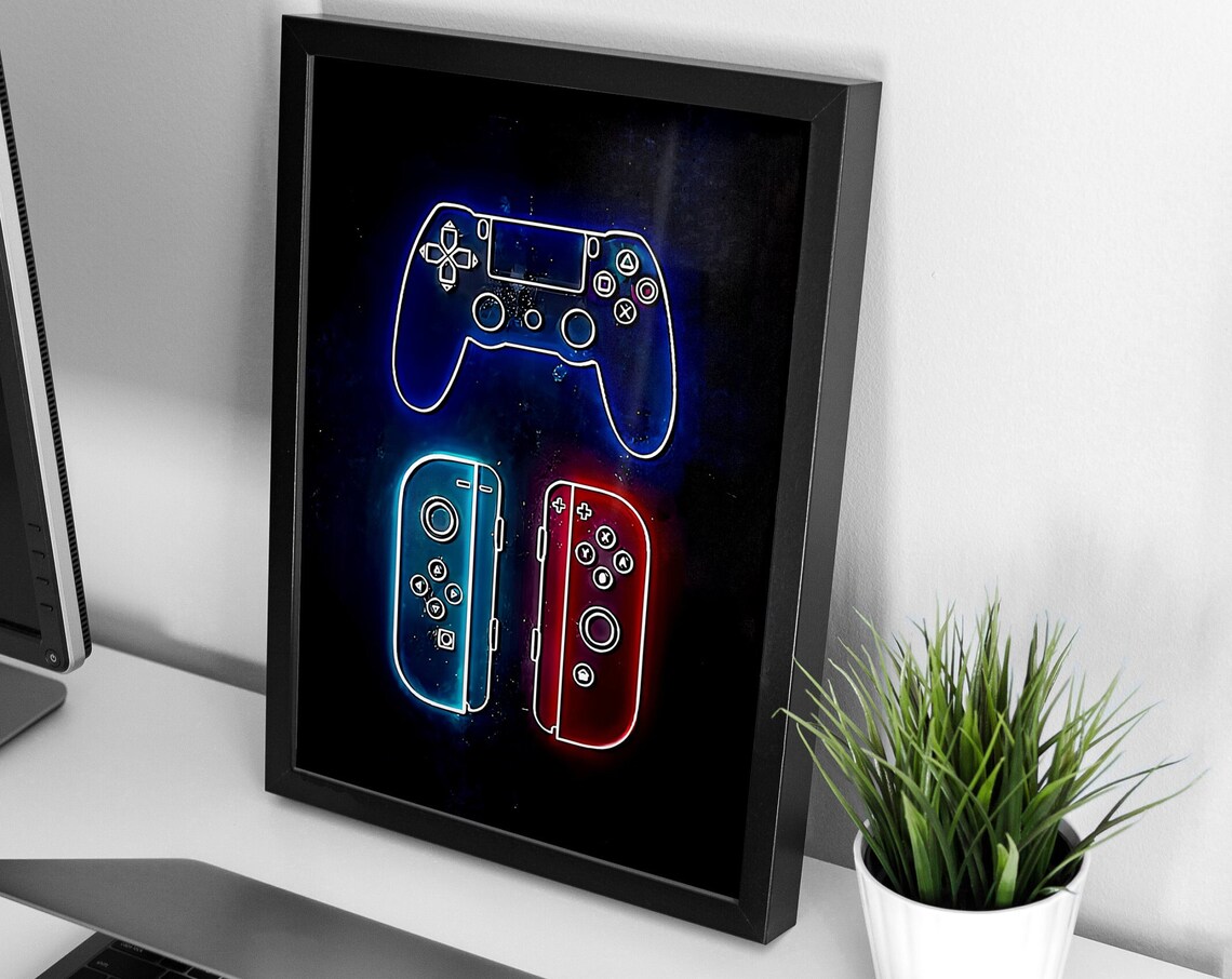 Glowing Neon Video Game Controller Set Poster Dark Bedroom Wall Decor