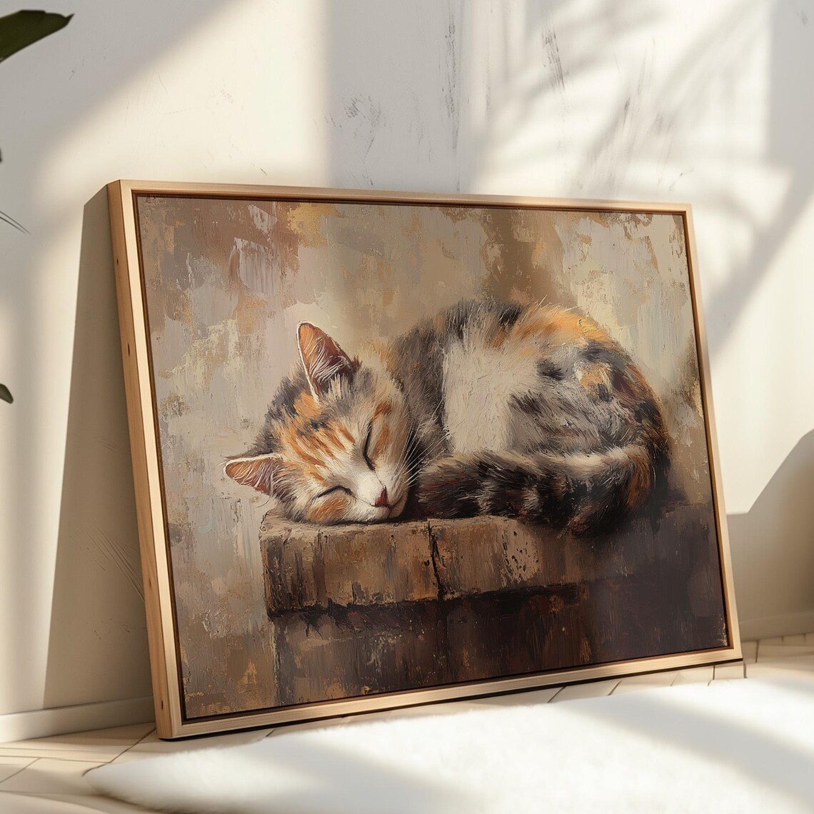 Cozy Calico Cat Sleeping Rustic Pet Art Print