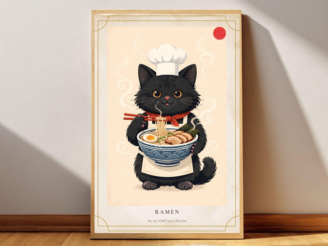 Ramen Chef Cat Steaming Bowl Cute Black Cat Kitchen Animal Poster