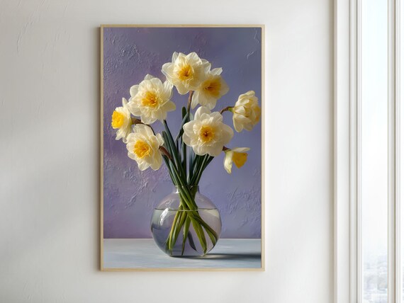 White Daffodils in a Glass Globe Vase on a Lavender Background Poster