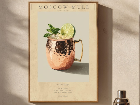 Moscow Mule Classic Cocktail Recipe Poster with a Hammered Copper Mug