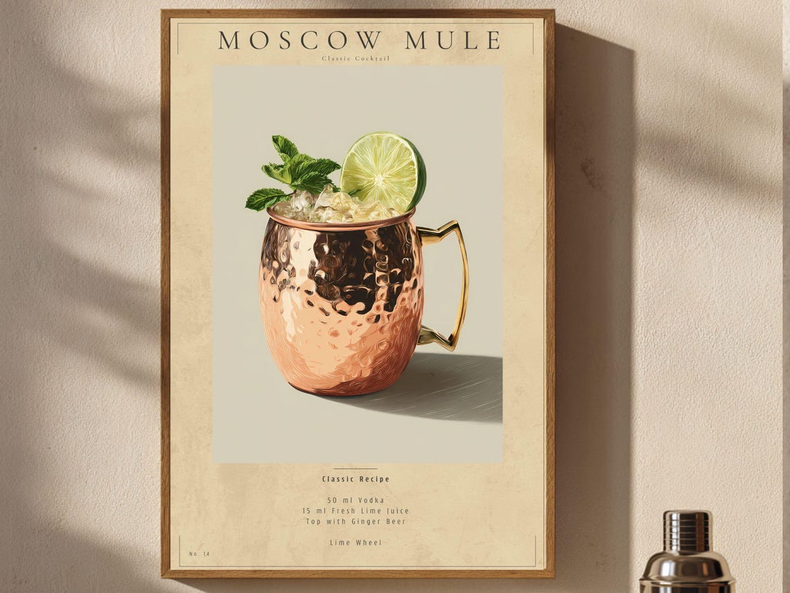Moscow Mule Classic Cocktail Recipe Poster with a Hammered Copper Mug