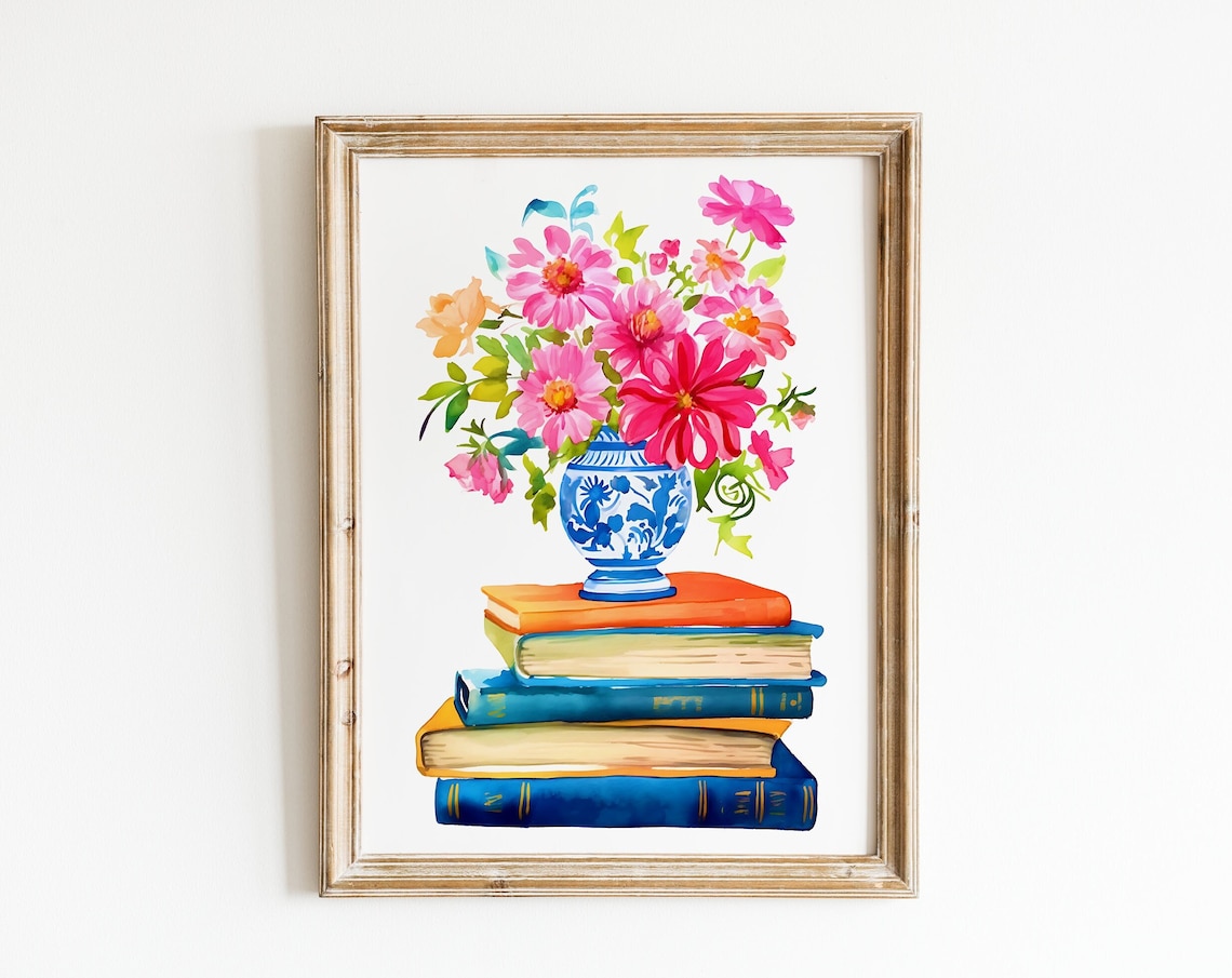 Bouquet On Stack Of Books Watercolor Art Print