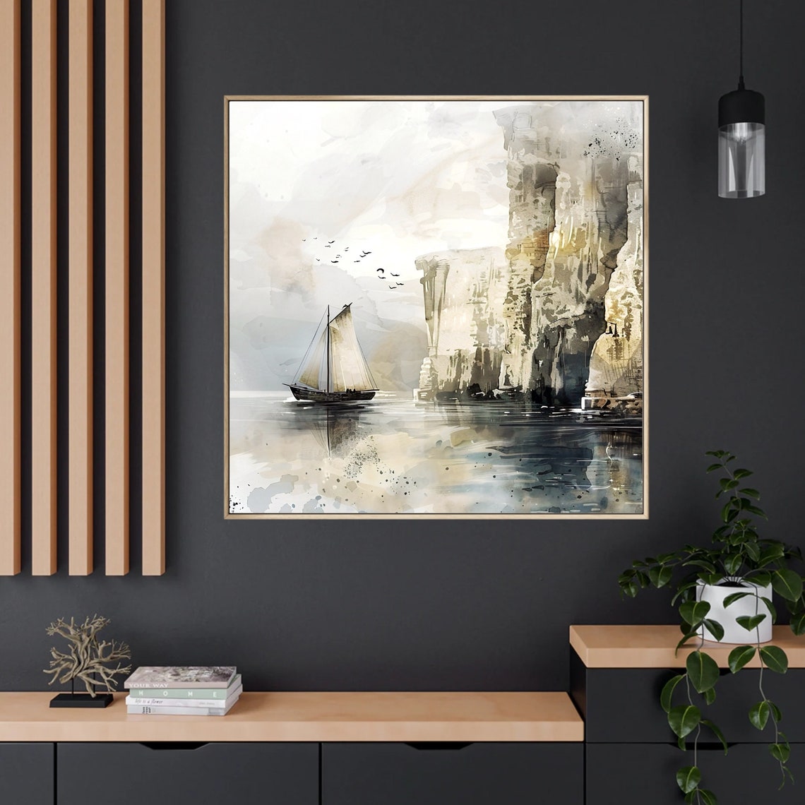 Sailboat by White Cliffs Watercolor with Birds Seascape Poster - Image 2